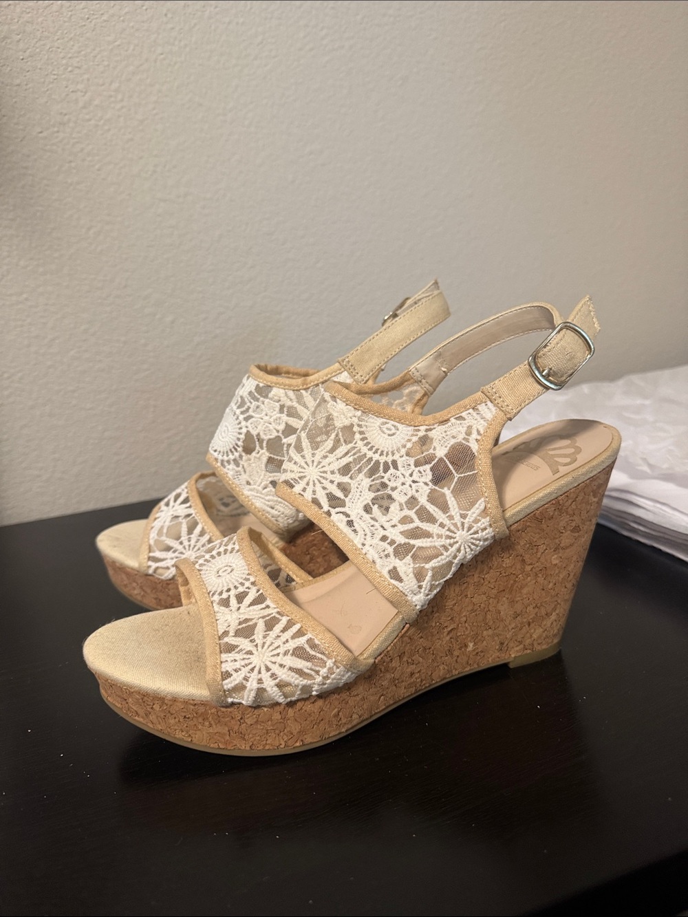 Women's Lace Cork Wedge Sandals in Beige - Elegant Open-Toe Slingback